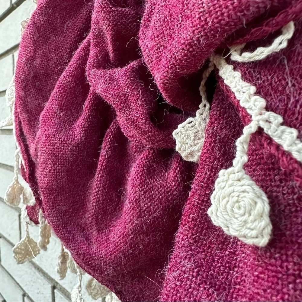 Raspberry Red Wool Feel Scarf Ivory Crochet Fringe Boho Cottagecore Wrap